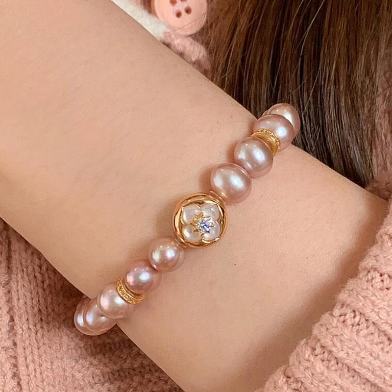 Sweet style pink Fritillaria flower bracelets for women purple pearl bracelet exquisite gentle style wedding  gift