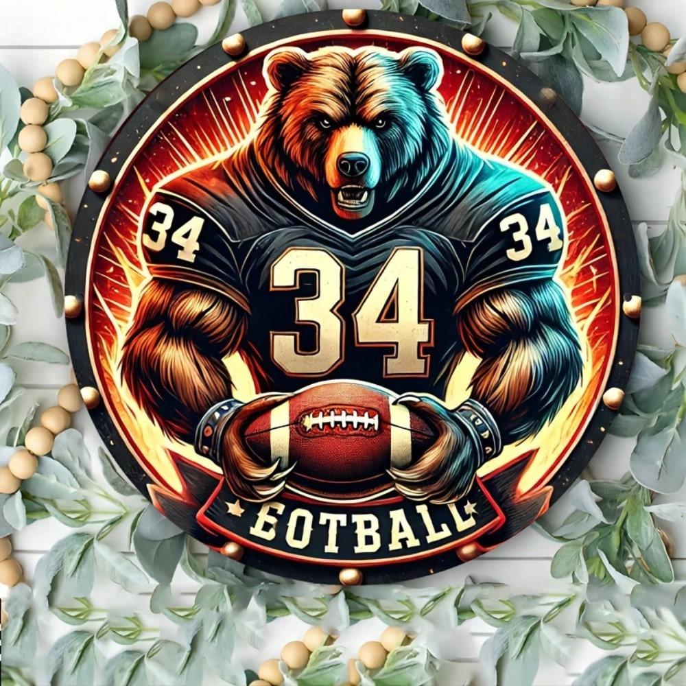 Football Bear Metal Wall Sign Sports Bar Garage Decor Men Gift Tin Plaque