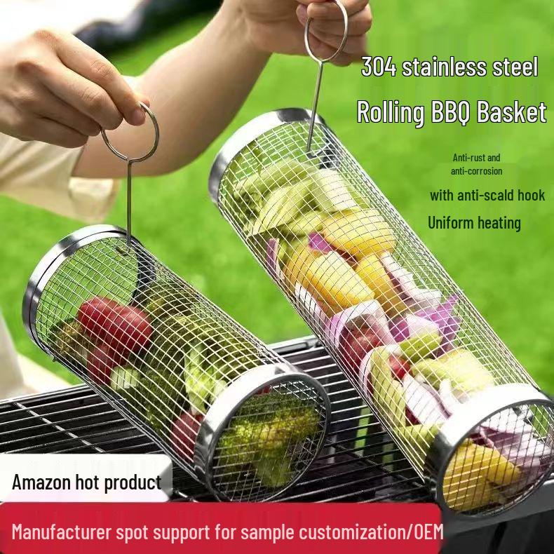 Stainless Steel Rolling BBQ Basket - Outdoor BBQ Tool