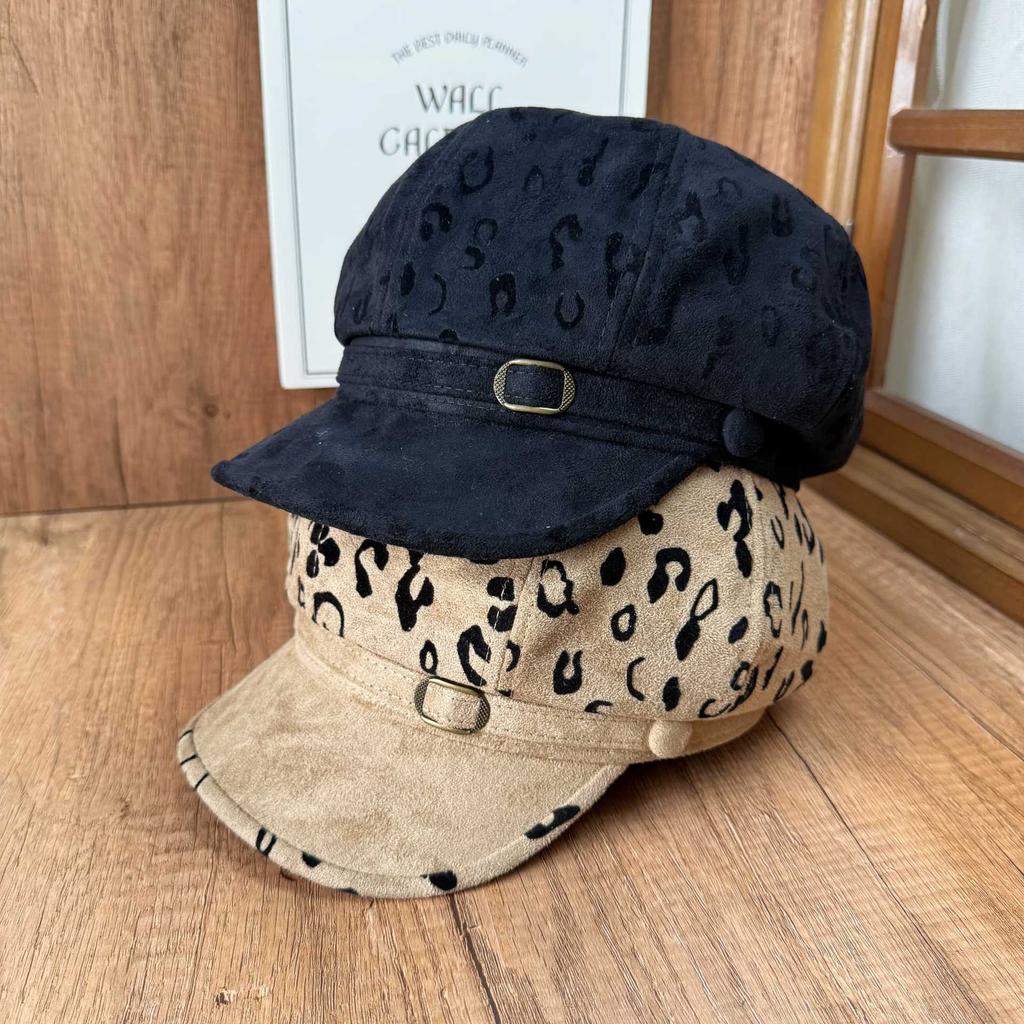 American retro leopard print beret women's autumn and winter four seasons big head circumference showing face small octagonal hat fashionable literary