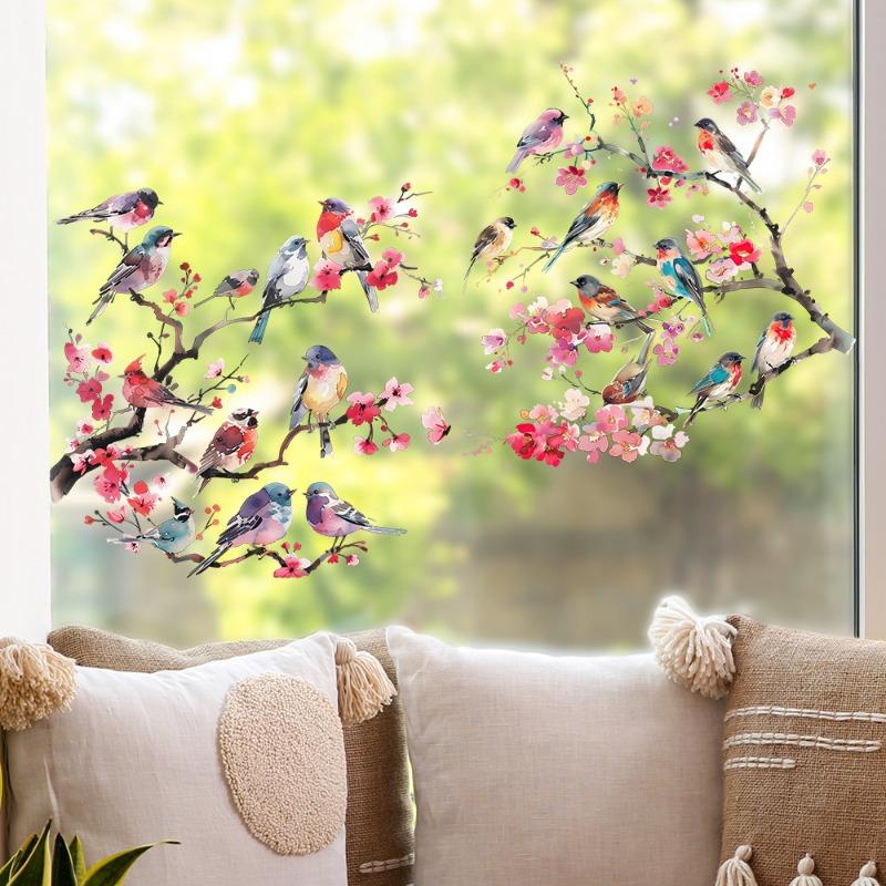 Flower Birds Stickers Window Decor Vinyl Art Spring Flowers Glass Wall Decal for Home Bathroom Kids Room Decoration