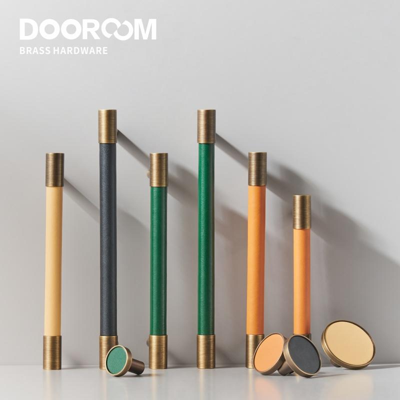 Dooroom Brass Furniture Handles Real Leather Nordic Simple Pulls Cupboard Wardrobe Dresser Shoe Box Drawer Wine Bar Cabinet Knob