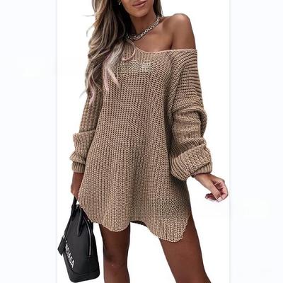 Mid-Length Off-Shoulder V-Neck Loose Knit Sweater with Bottom Slit