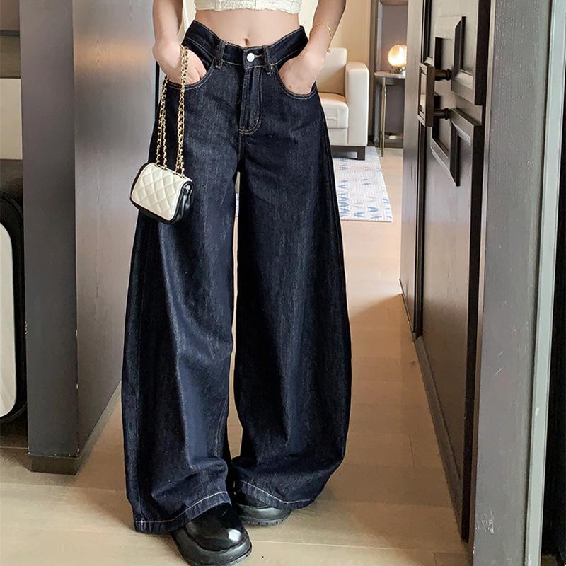 Women's Summer 2024 Retro High-Waisted Dark Wash Wide-Leg Jeans