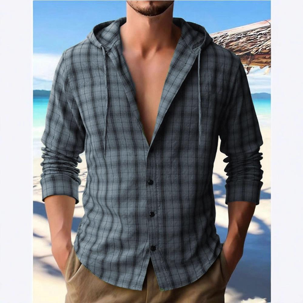 Men's Plaid Hooded Long Sleeve Shirt Autumn Thin Cardigan Sunscreen Shirt