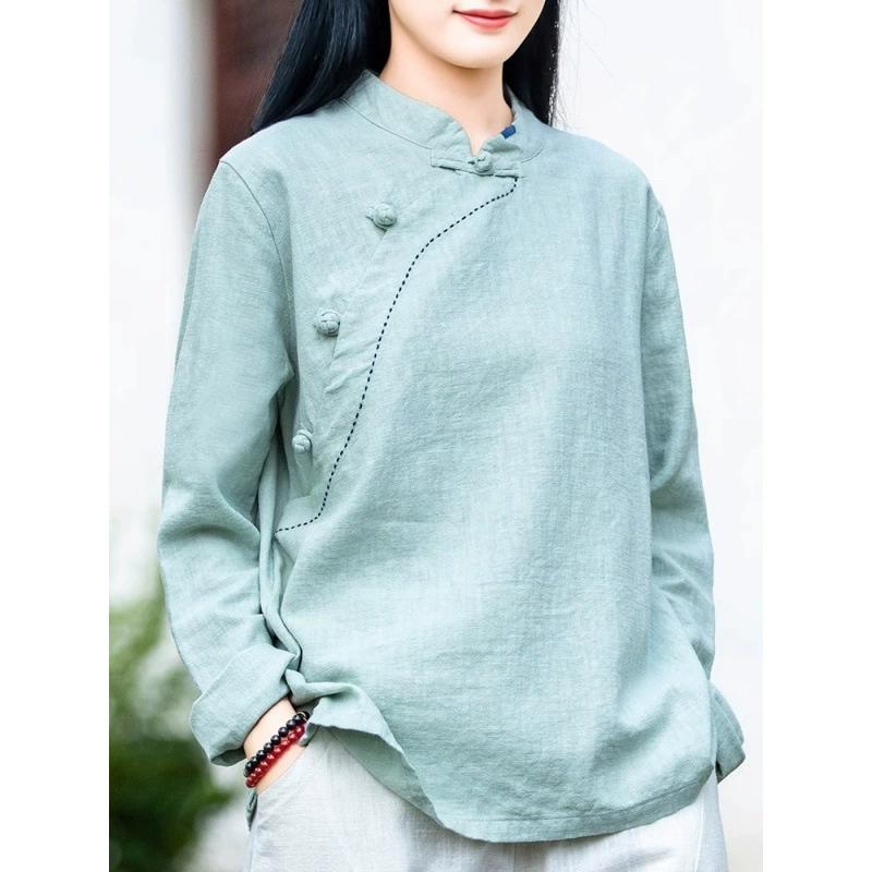 Cotone Lino Vintage Collo Alto Manica Lunga Donna Primavera Autunno Stile Cinese Servizio Tè Pullover Top Manica Lunga