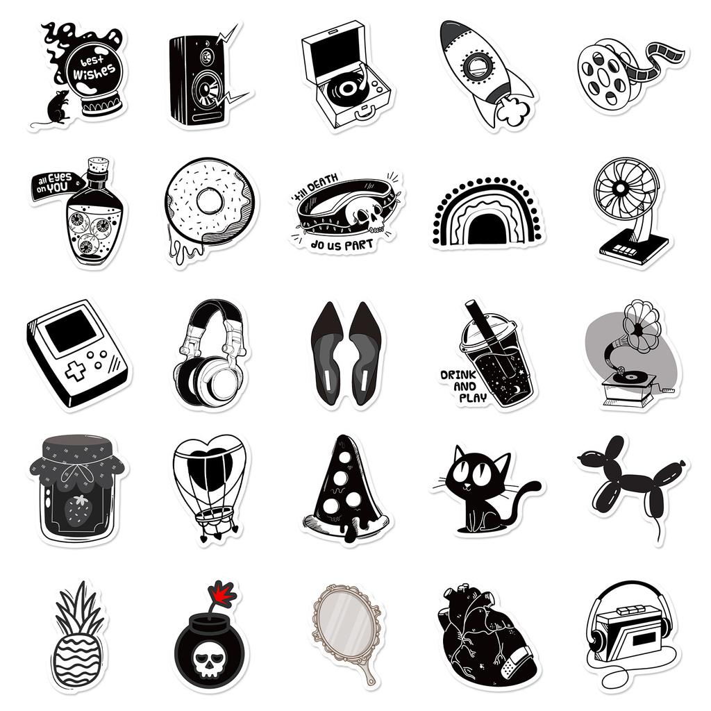 50 Black And White Series Theme Stickers Popular Life Realistic Style Simple Style Retro Graffiti Stickers