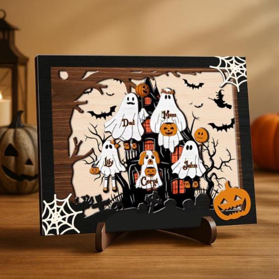 Halloween Ghost Family Sign Wooden Ghost Picture Frame Tabletop Decoration for Halloween Farmhouse Shelf Desktop Home Decor