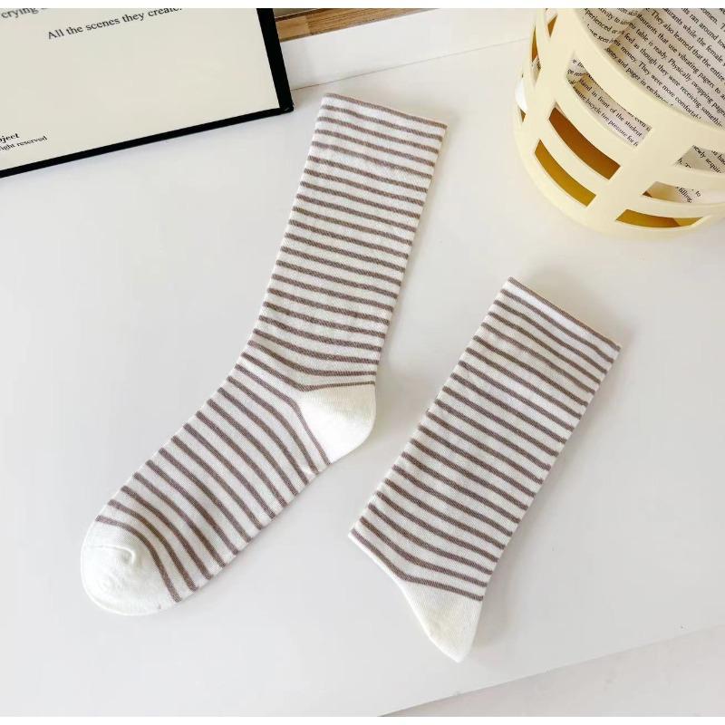 Striped Solid-color Postpartum Socks, Women's Mid-calf Socks, Spring and Autumn Trendy Versatile Cotton Socks, Loose-fitting Long Socks