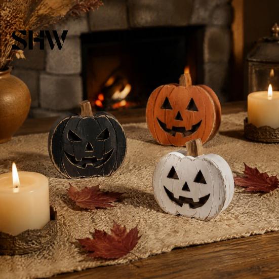 Festive Seasonal Props 3Pcs Halloween Pumpkin Tabletop Decor, Rustic Face Wooden Block Handmade Art Ornaments, Farmhouse Desktop Craft for Home Party