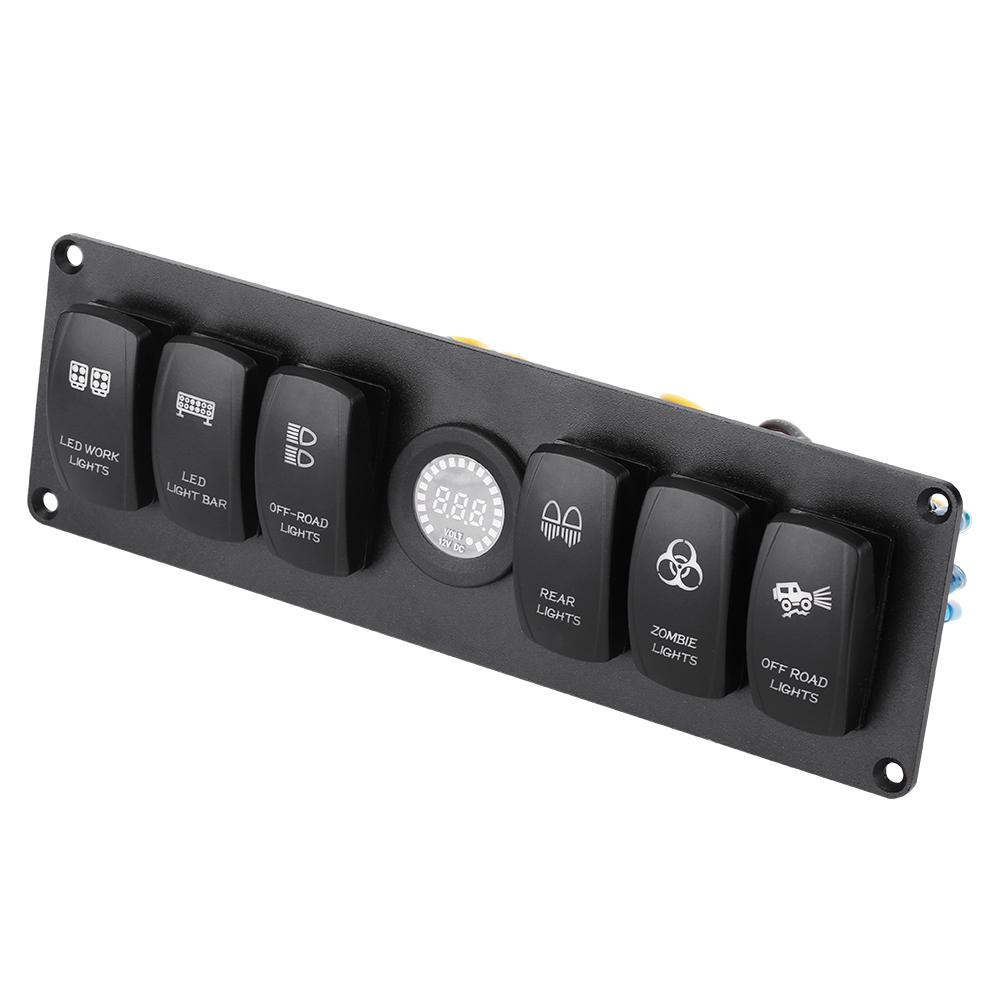 12V-24V 6 Gang Blue LED Rocker Switch Panel with Alarm Voltmeter for Car RV Boat Yacht Marine