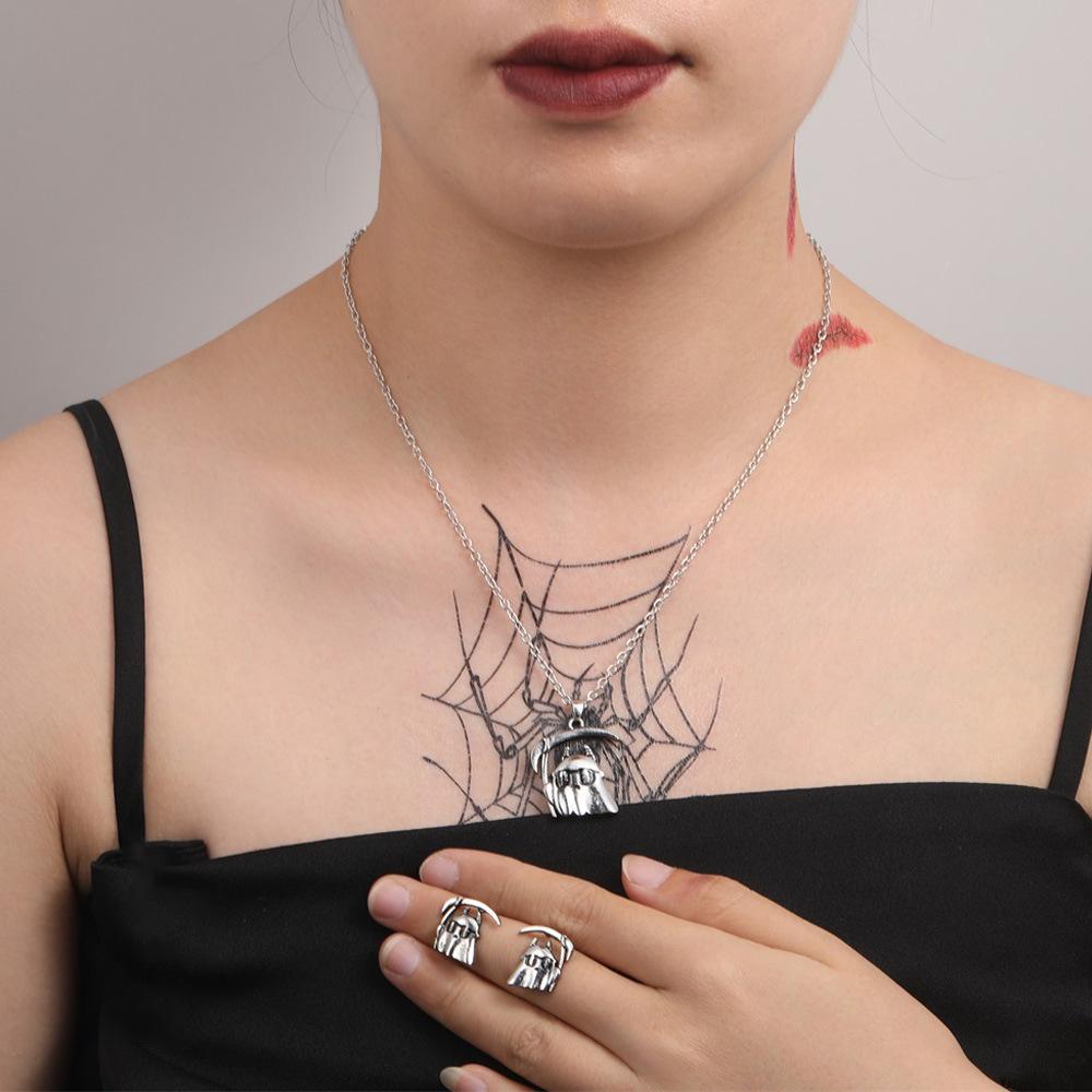 Halloween Ornaments Personalized Jewelry Set, Vintage Ghost Sickle Skeleton Bat Necklace Earrings 3-Piece Set