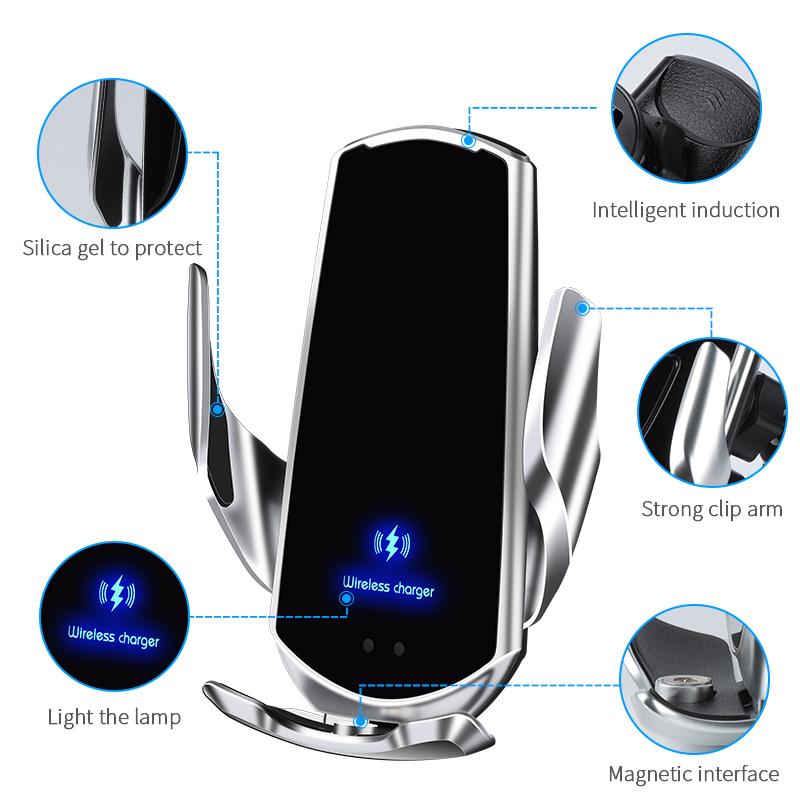 Suporte automotivo premium para celular, carregador sem fio, abertura por indução, fechamento de navegação, estrutura de fixação, suporte automático