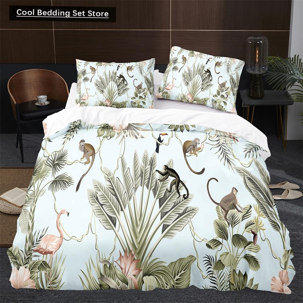 Affe Bettbezug King Queen Lieblich Cartoon Tier Bettwäsche Set für Kinder Junge Mädchen Grün Dschungel Baum 2/3tlg. Polyester Steppdeckenbezug