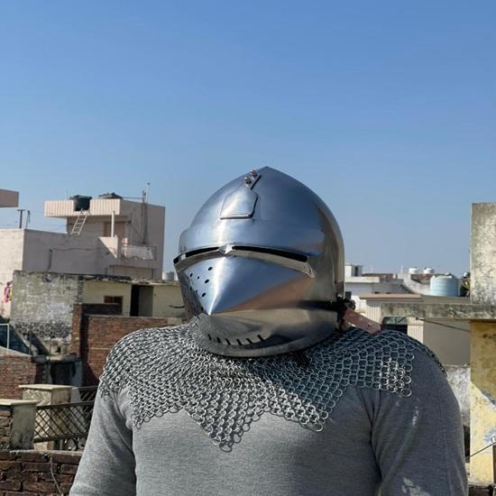 Medieval Pig Face Bascinet Helmet with Chainmail Aventail Knight Hounskull Armor