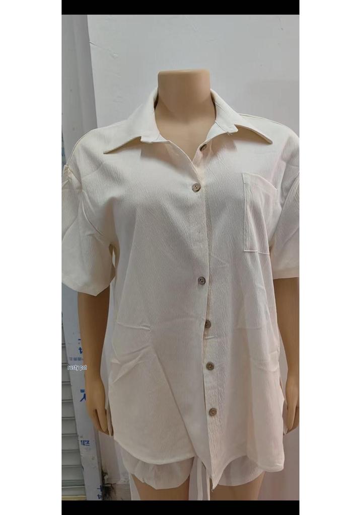 Women's Casual Solid Color Shirt & Shorts Set - Single-Breasted, Short-Sleeved