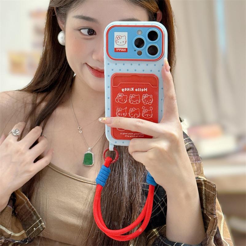 Fashion Cute Line Hellokitty Card Holder Phone Case For iPhone 17 Pro 16 15 14 Pro Max Cover with Hand Rope Cartoon Shockproof C