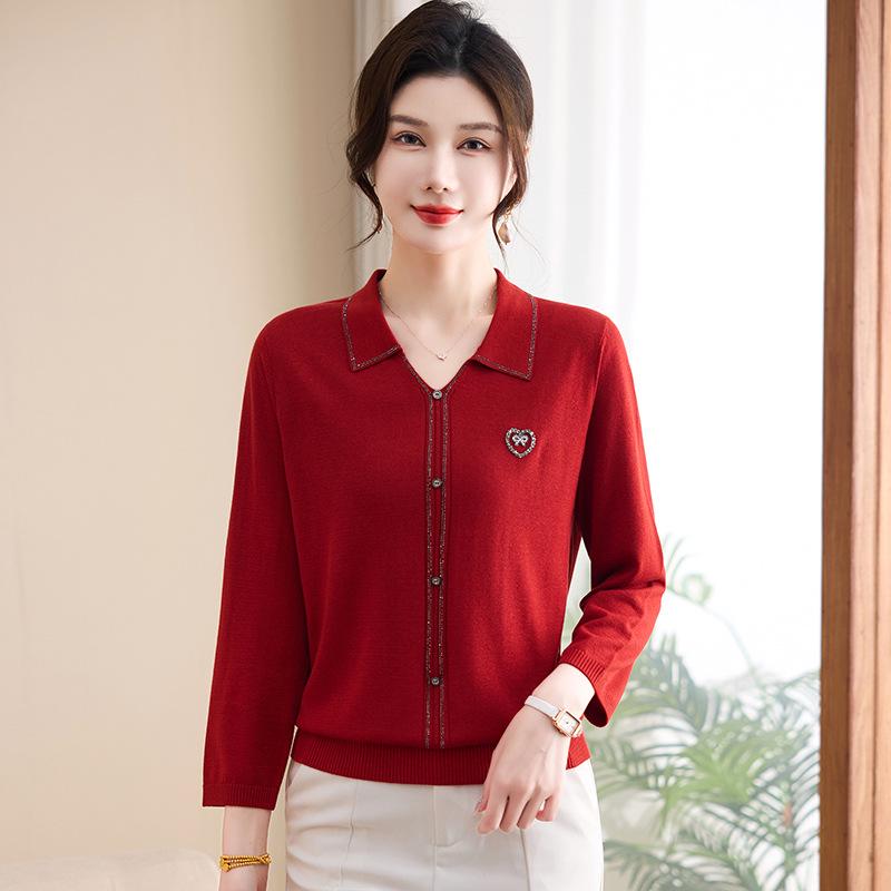 Spring & Autumn Nine-Sleeve Plus Size Knitwear for Middle-Aged Women, Lapel Wool Base Layer T-shirt