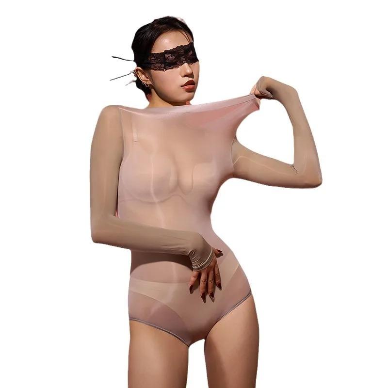 Sexy Women Oil Glossy Shiny High Cut Bodysuit  Bodycon Sexy Tights Sheer See Through Smooth Seamless Elastic Leotard Thong