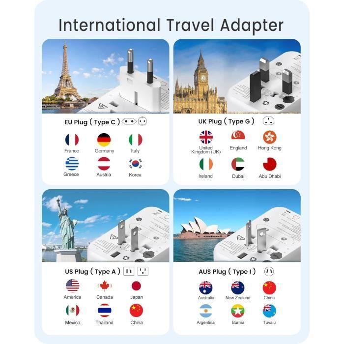 Adaptateur de voyage - lencent - gan3 65w - 2 usb-a qc4.0 - 2 usb-c pd3.0 - prises interchangeables