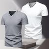 Men Summer New Short Sleeve V Collar Tops T Shirt Men Slim Fit Pure Color T Shirt 100% Polyester