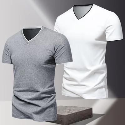 Pánské letní nové tričko s krátkým rukávem a výstřihem do V Pánské tričko Slim Fit Jednobarevné tričko 100% Polyester