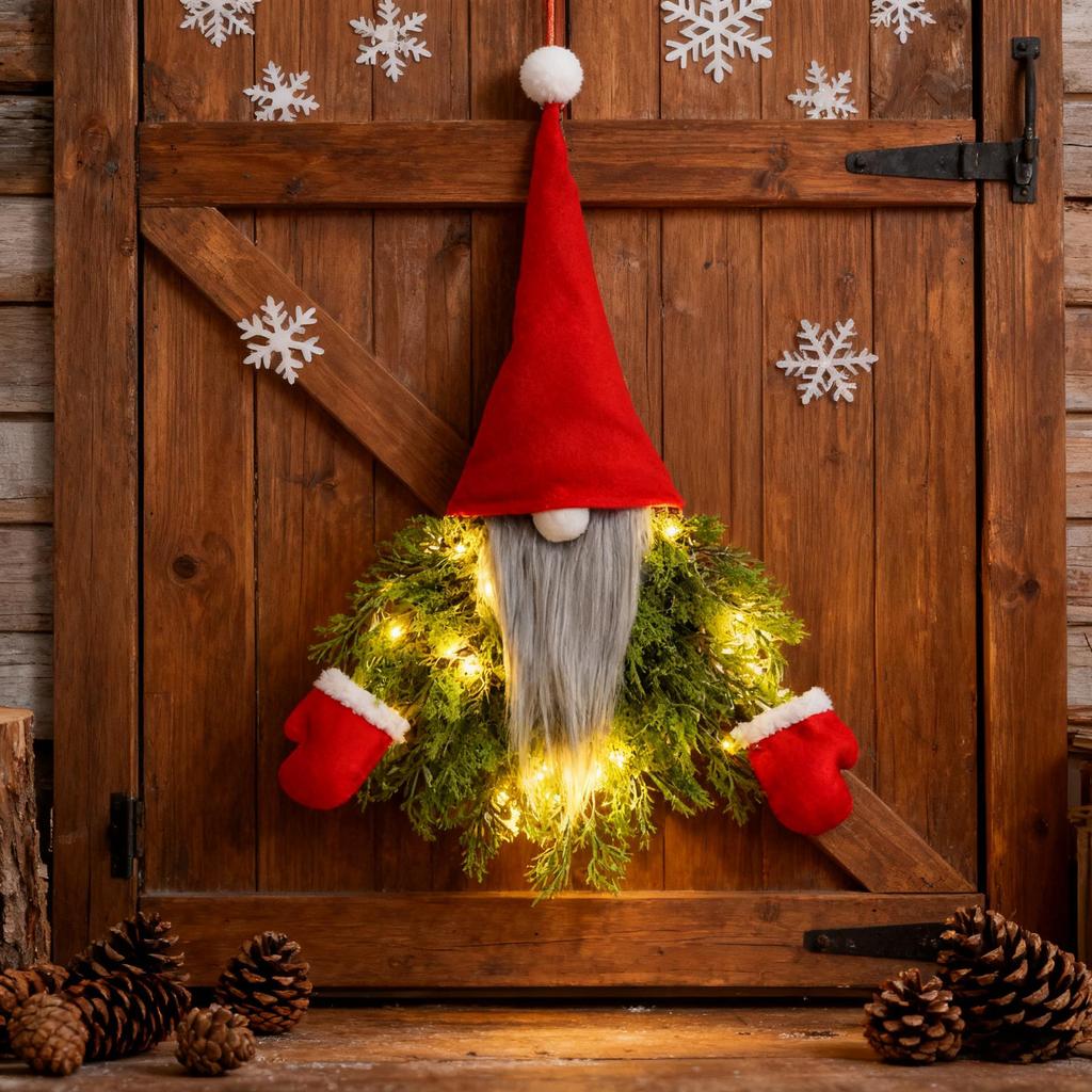 Festive Light-Up Gnome Ornament with Pine Branch for Wall & Door Décor