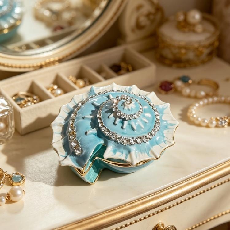 Decorative Tabletop Jewelry Holder Shell Box, Alloy Enamel Finish for Ring Earring Pendant Storage On Vanity Dressers