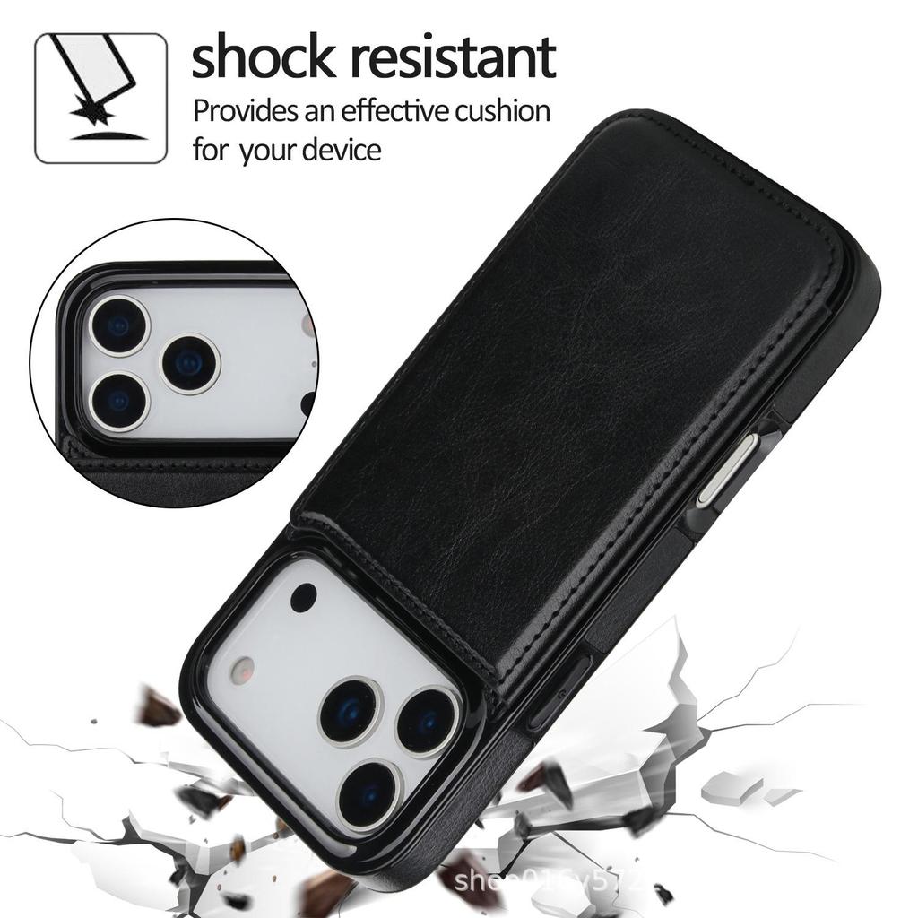 Kožené stojánkové pouzdro pro iPhone 17 Pro Max s držákem na karty a dvojitým zapínáním
