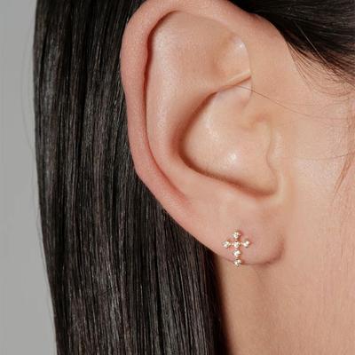 Orecchini a Bottone a Forma di Croce Placcati Oro 18K Stile Giapponese con Zirconi, Argento Sterling 925, Gioielli Minimalisti da Donna