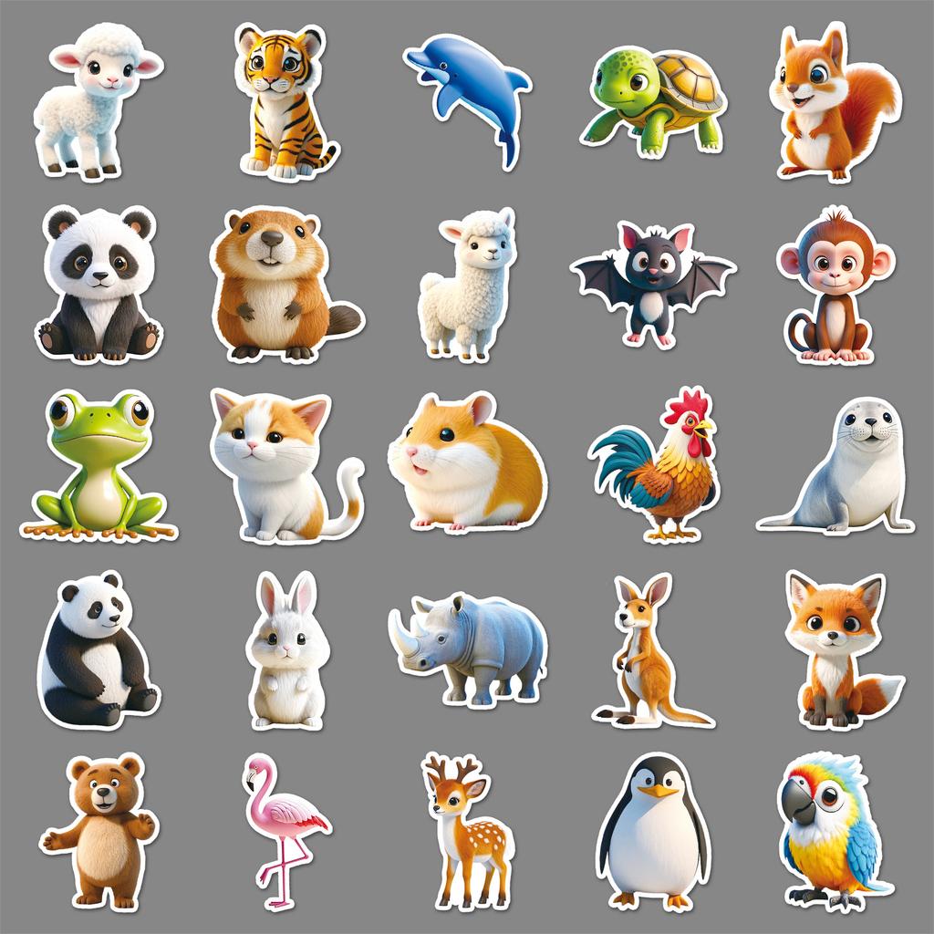 50 3D Animal Graffiti Stickers Personalized Creative Cartoon Animal Decoration Water Cup Mobile Suitcase Stickers