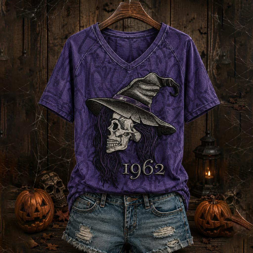 Dames Halloween V-hals T-shirt met Raglanmouwen, Casual Korte Mouw Tee Top