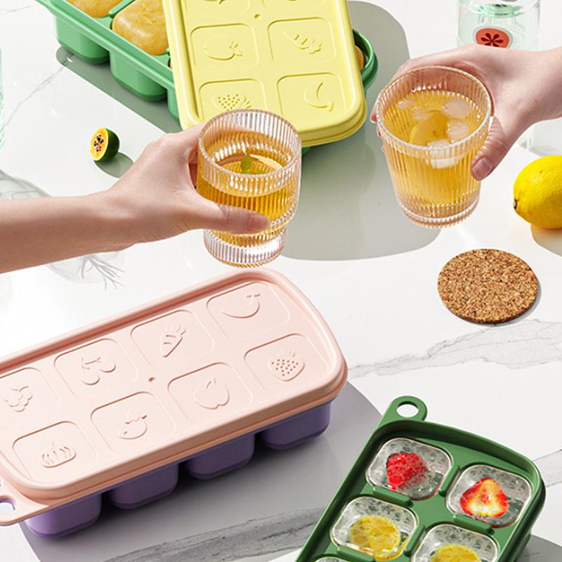 8 Grids Ice Cube Trays Reusable Silicone Ice Cube Mold Fruit Ice Maker With Removable Lids Kitchen Tools Freezer Summer Mould