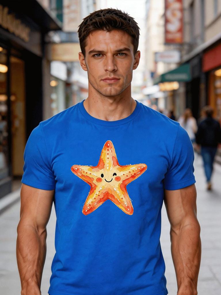Male Cotton Short Sleeve T Shirt Happy Starfish Ocean Animal Print Loose Crew Neck Trendy Casual Summer Tees For Young Adult Unisex