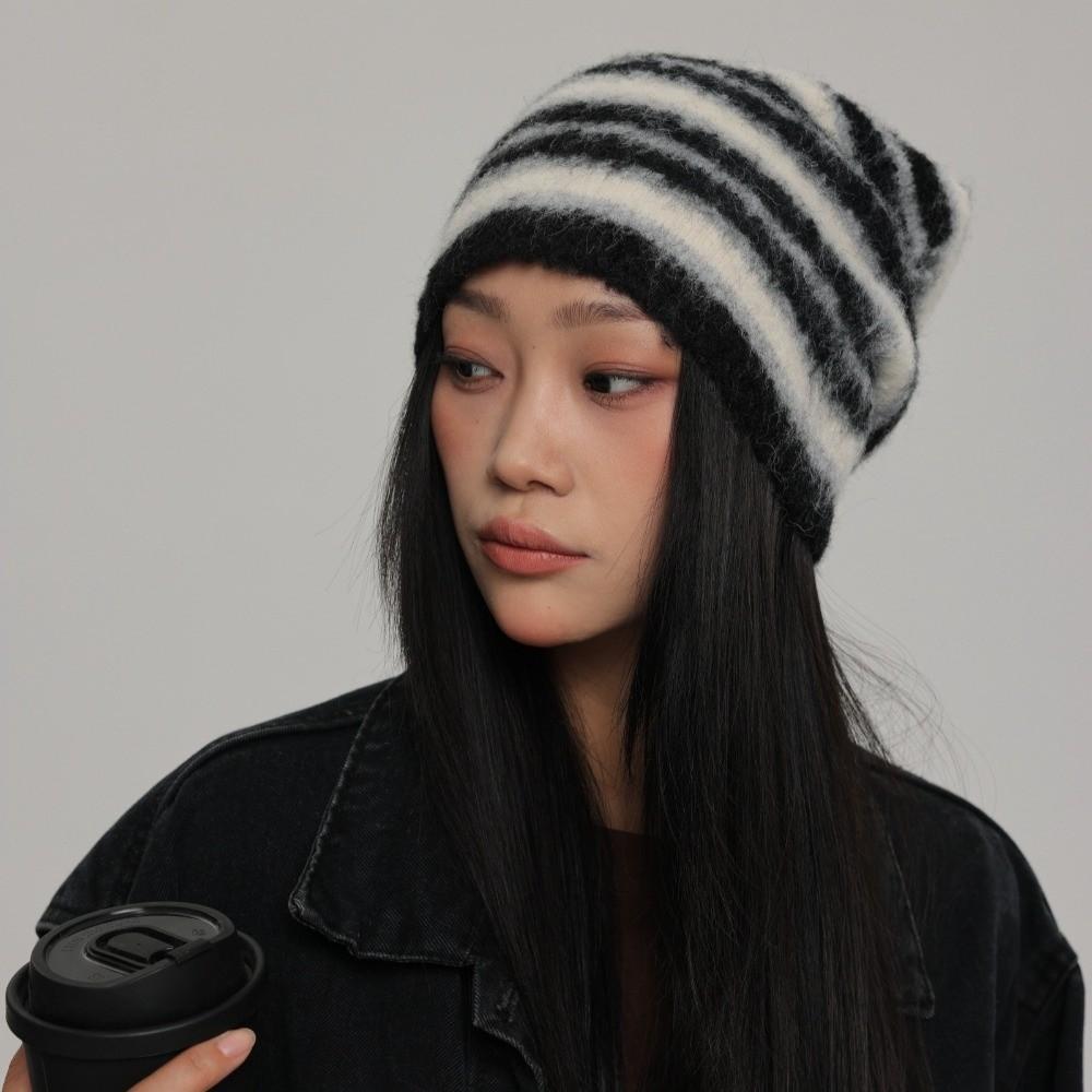Plush Warm Skullies Hat Striped Ski Ear Protection Cap Unisex Knitted Beanies