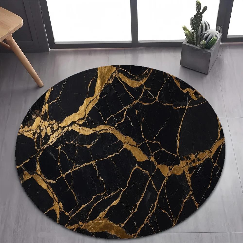 White Gold Marble Round Area Rug –Elegant Carpet for Bedroom or Living Room – Non-Slip Floor Mat, Pet-Friendly Modern Home Decor