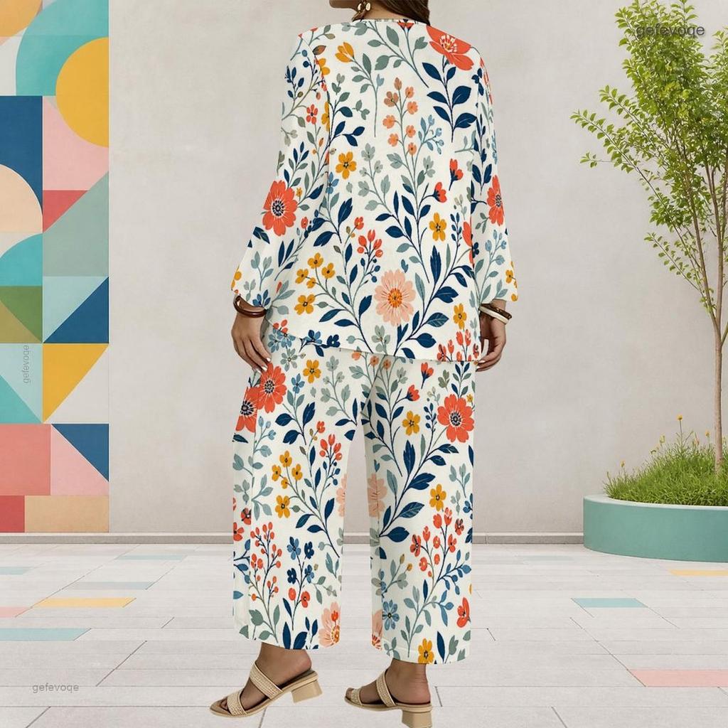 Women Plus Size Round Neck Long Sleeve Floral Printed Layered Top Wide Leg Cropped Pants Two Piece Set