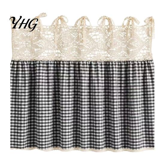 Vintage Plaid Oven Handle Trim Farmhouse Stove Skirt, Crochet Lace Curtain, Kitchen Appliance Shield Skirt Curtain with Ties for Cottage Decor