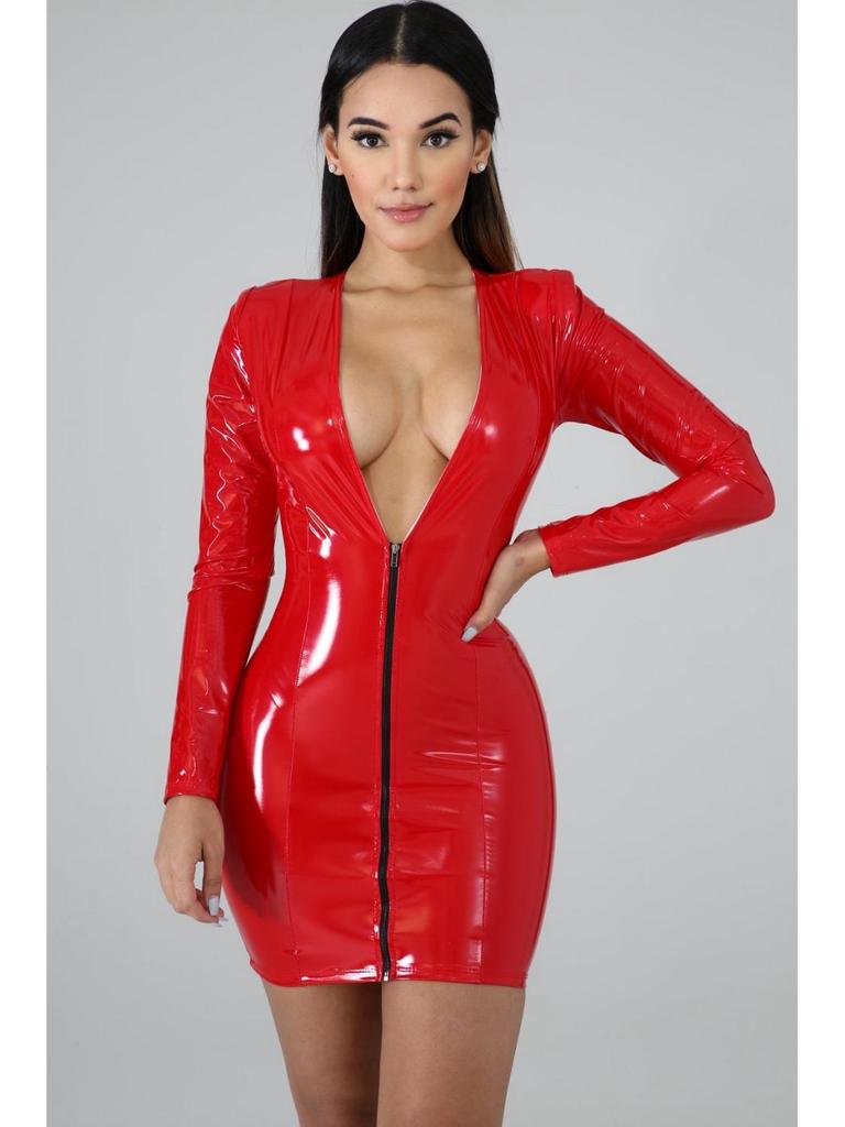 2025 Rochie Scurtă Colorată din Piele PU Elastică cu Decolteu Adânc în V și Fermoar