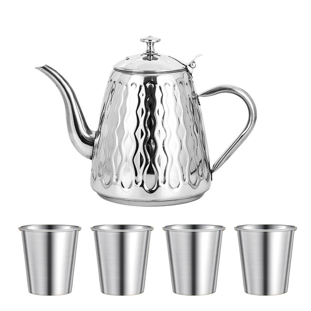 

5 pieces of embossed teapots, stainless steel teapots with detachable filters, and 4 stainless steel cups срібний