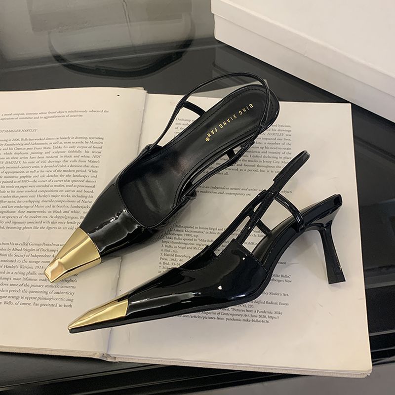 

Giant And Thin! Patent Leather Metal Pointed Tip Temperament Dinner Party High Heels Empty Sandals French Niche Thin Heel Single Shoes Women 40