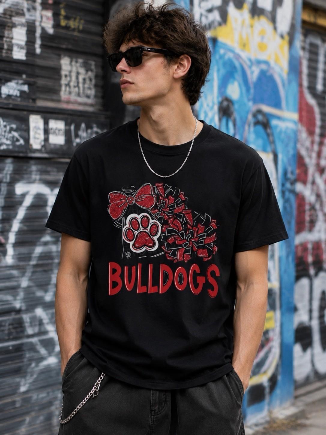 Bulldogs Cheer Shirt Paw Bow Pom Graphic T-Shirt School Spirit Tee 2XL