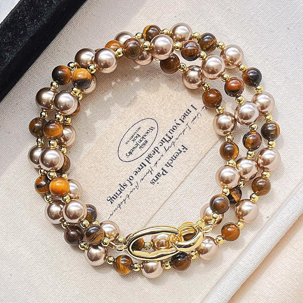 Wind Boutique Natural Tiger's Eye Stone High-gloss Artificial Crystal Pearl Maillard Wind Necklace Collarbone Chain Neck Chain Hair