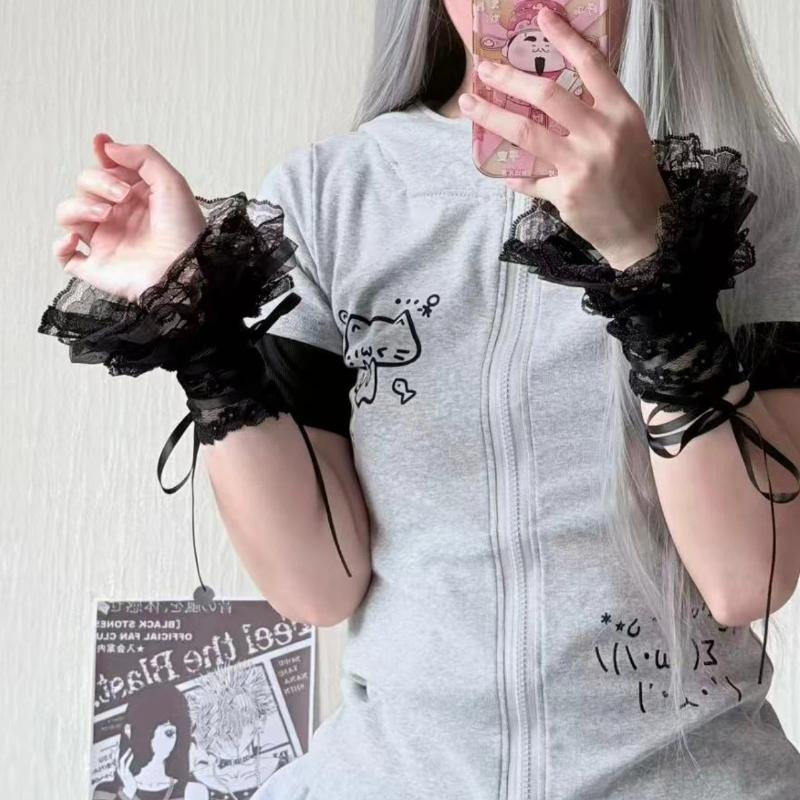 1 Paar Jk Lolita Spitze Handgelenkstulpen Seidenband Y2K Schwarz Weiß Rüschen Handschuhe Für Mädchen Cosplay Requisiten