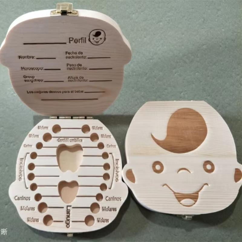 Teeth Baby Box Spanish English Wooden Lanugo Box Kid Teeth Storage Organizer Children Souvenirs Gifts For Boy Girl French German