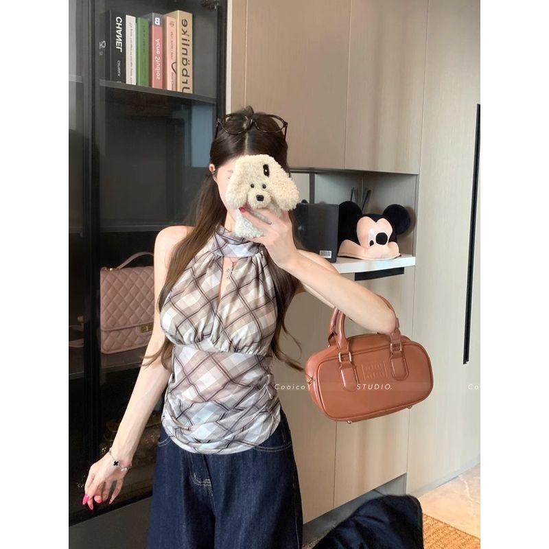 Kumikumi Sexy Gyaru Plaid Hanging Neck Sleeveless Vest Women clothes Summer New Niche Chic Slimming Top