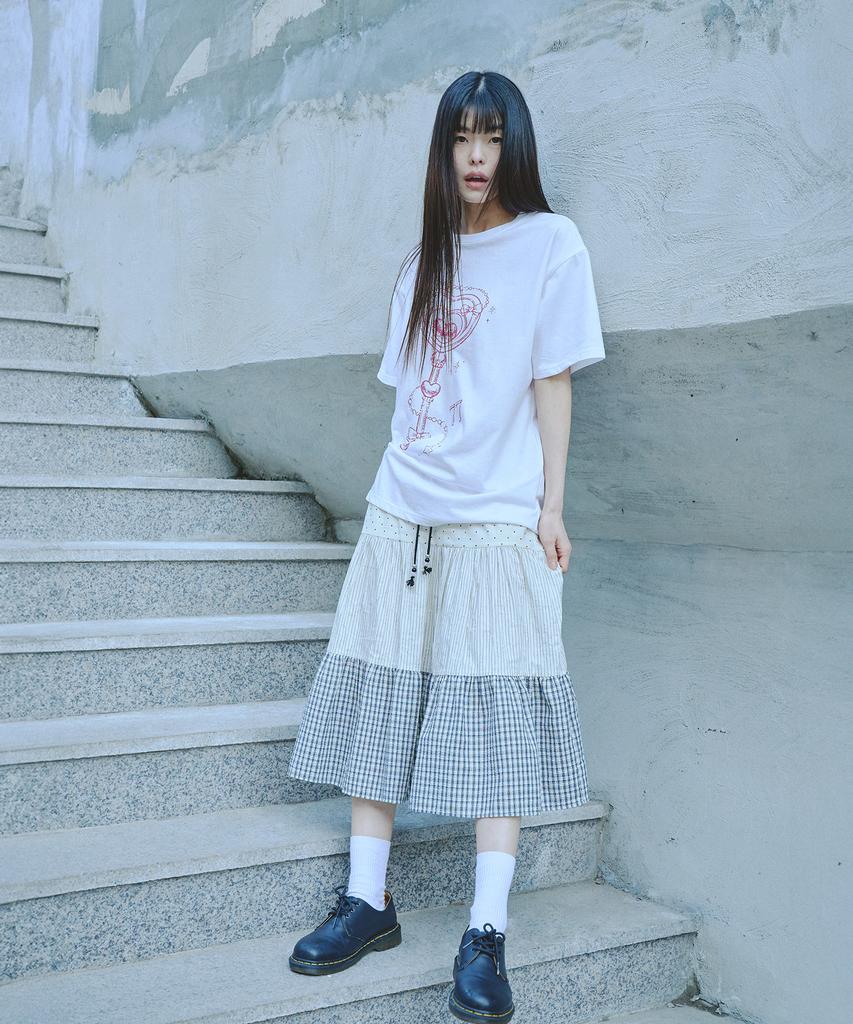 Mihebeu Three-Pattern Shirred Vintage Skirt Ivory
