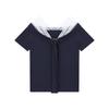 Pure lace splicing short-sleeved women's clothing summer niche design waist T-shirt strap V-neck navy blue top