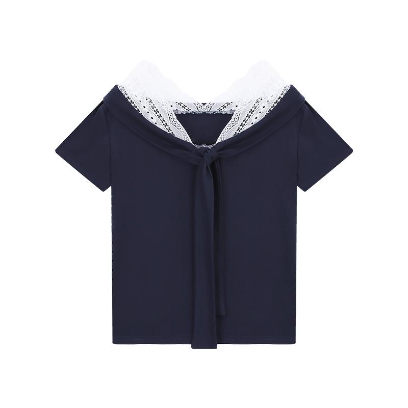 Pure lace splicing short-sleeved women's clothing summer niche design waist T-shirt strap V-neck navy blue top