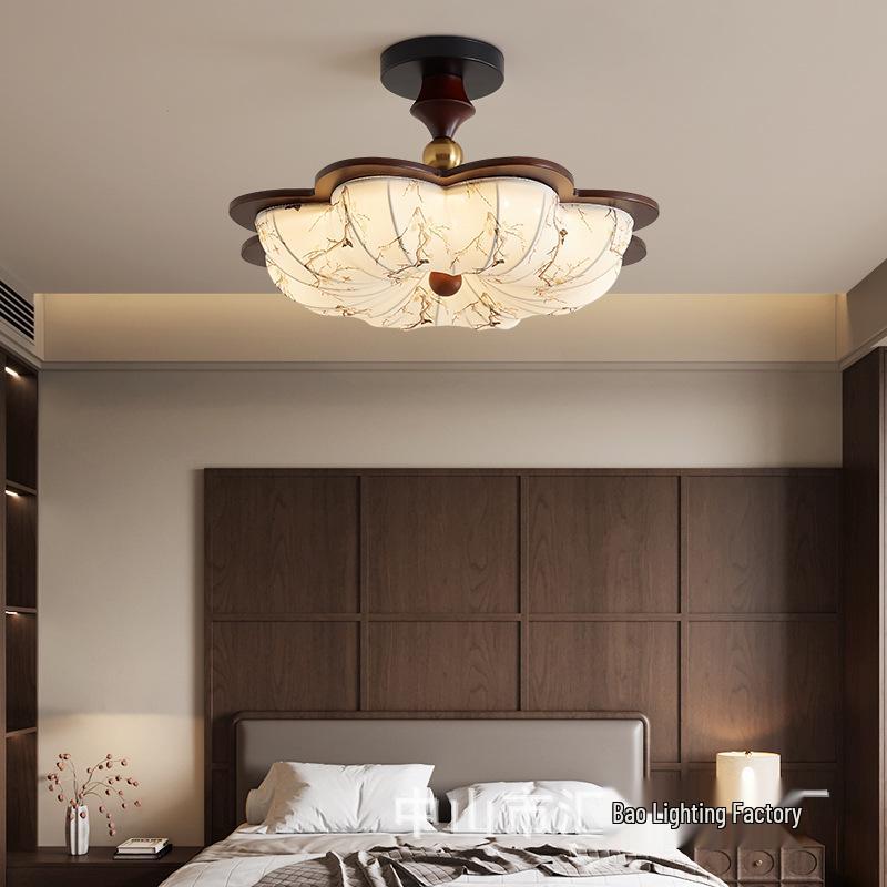 Chinese Song Dynasty Chandelier: Retro Fabric & Walnut Wood Zen Ceiling Light